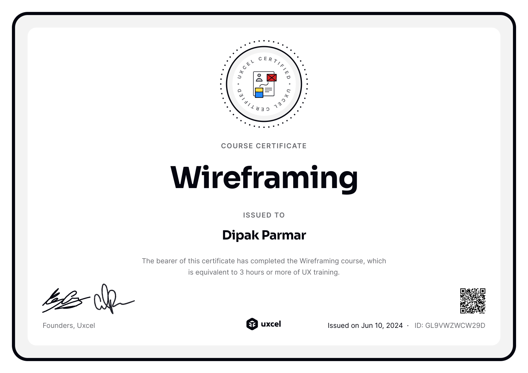 Dipak Parmar's certificate
